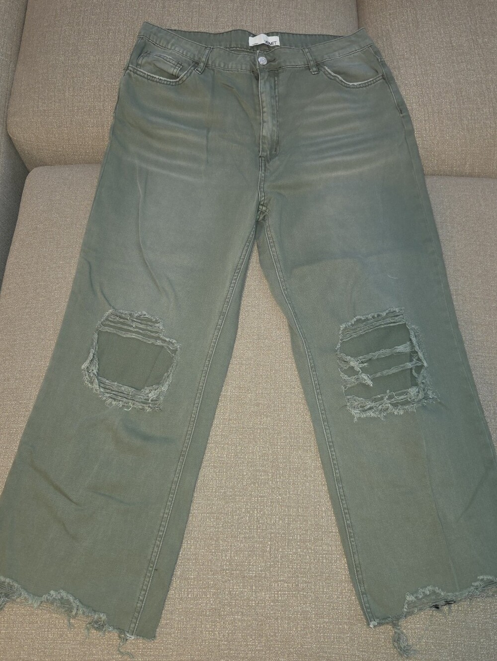 Olive Green High Rise Distressed Wide Leg Ankle Length Vervet Jeans Size 31